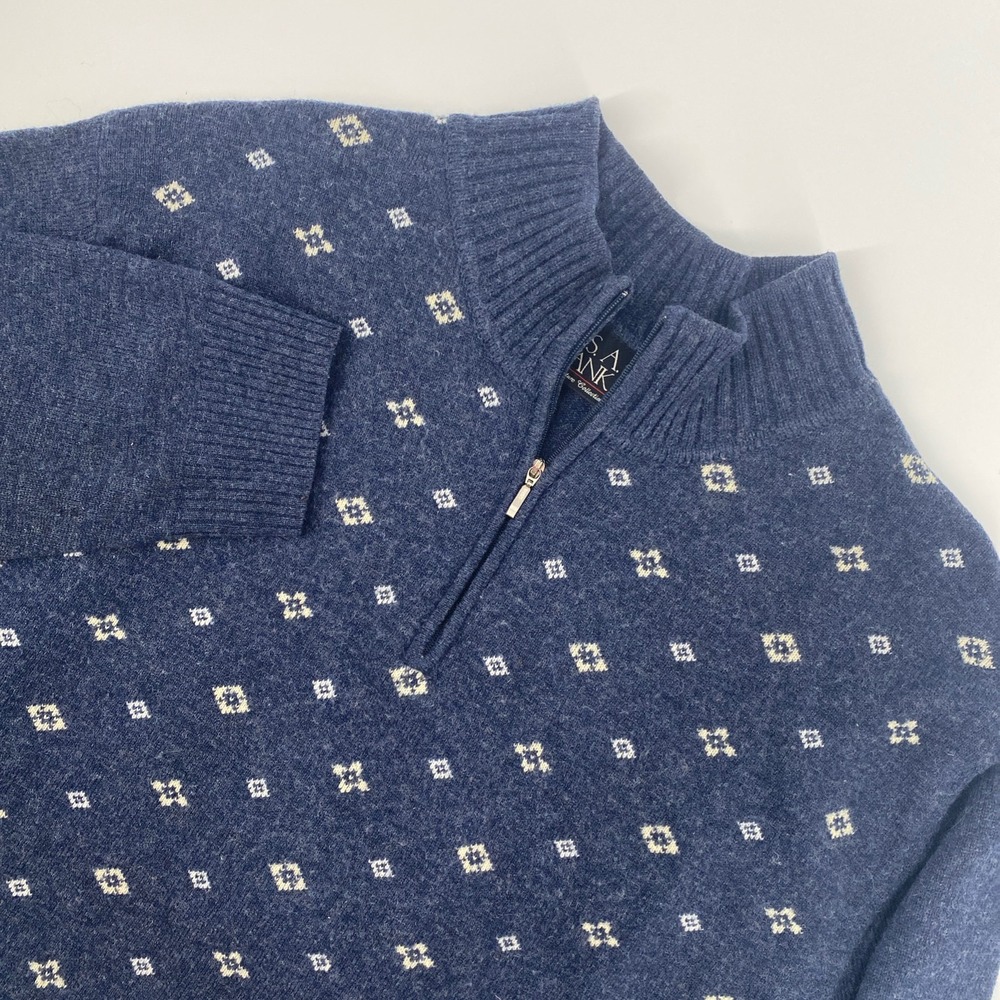 Jos. A. Bank Sweater Mens XXL Blue Lambswool Quarter 1/4 Zip Diamond Geometric